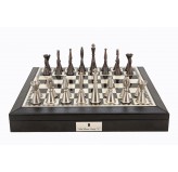 Dal Rossi Italy Black PU Leather Bevilled Edge chess box with compartments 18" with Staunton Metal Chessmen