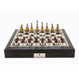 Dal Rossi Italy Black PU Leather Bevilled Edge chess box with compartments 18" with Staunton Metal/Wood Chessmen