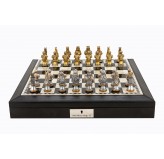 Dal Rossi Italy Black PU Leather Bevilled Edge chess box with compartments 18" with Medieval Warriors Resin Chessmen