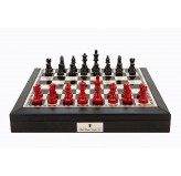 Dal Rossi Italy Black PU Leather Bevilled Edge chess box with compartments 18" with French Lardy Black/Red 85mm Chessmen