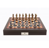 Dal Rossi Italy Brown PU Leather Bevilled Edge chess box with compartments 18" with Medieval Pewter GA Chessmen