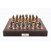 Dal Rossi Italy Brown PU Leather Bevilled Edge chess box with compartments 18" with Dragon Pewter Chessmen
