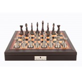 Dal Rossi Italy Brown PU Leather Bevilled Edge chess box with compartments 18" with Staunton Metal Chessmen
