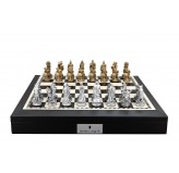 Dal Rossi Italy Roman Chessmen on a Black PU Leather Bevelled Edge chess box with compartments 18"