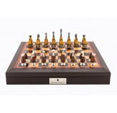 Dal Rossi Italy Brown PU Leather Bevilled Edge chess box with compartments 18" with Staunton Metal/Wood Chessmen