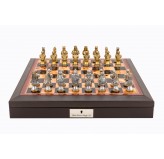 Dal Rossi Italy Brown PU Leather Bevilled Edge chess box with compartments 18" with Medieval Warriors Resin Chessmen