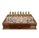 Dal Rossi Italy Roman Chessmen on a Walnut Chess Box with Drawers 16"