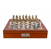 Dal Rossi Italy Roman Chessmen on a Walnut Finish Shiny Chess Box with Compartments 16"
