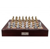 Dal Rossi Italy Roman Chessmen on a Mahogany Finish Shiny Chess Box with Compartments 20"