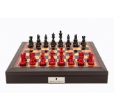 Dal Rossi Italy Brown PU Leather Bevilled Edge chess box with compartments 18" with French Lardy Black/Red 85mm Chessmen