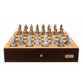 Dal Rossi Italy Roman Chessmen on a Shiny Walnut Chess Box with two Drawers 18"