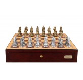 Dal Rossi Italy Roman Chessmen on a Shiny Mahogany Chess Box with two Drawers 18"