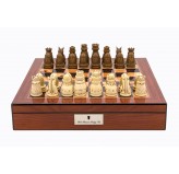 Dal Rossi Italy Walnut Finish chess box with lock & compartments 16” with Medieval Resin Chessmen