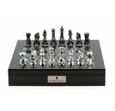 Dal Rossi Italy Chess Set with  Diamond-Cut Titanium & Silver 85mm chessmen on a Carbon Fibre Shiny Finish Chess Box 16” with compartments