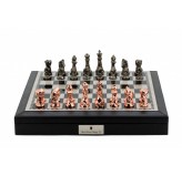 Dal Rossi Italy Black PU Leather Bevelled Edge chess box with compartments 18" with Diamond-Cut Copper & Bronze Finish Chessmen