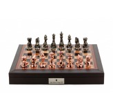 Dal Rossi Italy Brown PU Leather Bevelled Edge chess box with compartments 18" with Diamond-Cut Copper & Bronze Finish Chessmen