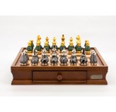 Dal Rossi Italy Chess Set Walnut Finish 16″ With Two Drawers, With Gray and Green Gold and Silver Metal Tops and Bottoms Chess Pieces 90mm
