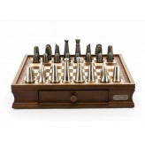 Dal Rossi Italy Chess Set Walnut Finish 16″ With Two Drawers, With Metal Dark Titanium and Silver chessmen 85mm