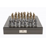 Dal Rossi Italy Carbon Fibre Shiny Finish chess box with compartments 16” with Dragon Pewter Chessmen