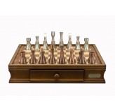 Dal Rossi Italy, 16" Walnut Chess Set With Contemporary Metal Chessmen 