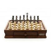 Dal Rossi Italy Chess Set Walnut Finish 16″ With Two Drawers, With Metal Dark Titanium and Gold Chessmen 110mm