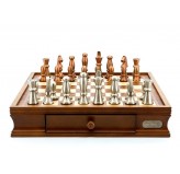 Dal Rossi Italy Chess Set Walnut Finish 16″ With Two Drawers, With Copper & Silver Weighted Metal Chess Pieces 85mm pieces