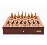 Dal Rossi Italy Red Mahogany Finish chess box with compartments 18" with Staunton Metal/Wood Chessmen