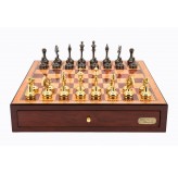 Dal Rossi Italy Red Mahogany Finish chess box with compartments 18" with Staunton Brass Titanium Cap Chessmen