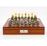 Dal Rossi Italy Chess Set Walnut Shinny Finish 16″ With Compartments, With Gray and Green Gold and Silver Metal Tops and Bottoms Chess Pieces 90mm
