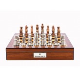 Dal Rossi Italy Chess Set Walnut Shinny Finish 16″ With Compartments, With Copper & Silver Weighted Metal Chess Pieces 85mm pieces