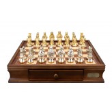 Dal Rossi Medieval Warriors Metal Chessmen 85mm on a Walnut Inlaid Chess Box with Drawers 16"