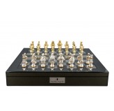 Dal Rossi Medieval Warriors Metal Chessmen 85mm on a Carbon Fibre Finish Shiny Chess Box with Compartments 20"