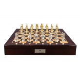 Dal Rossi Medieval Warriors Metal Chessmen 85mm on a Mahogany Finish Shiny Chess Box with Compartments 20"