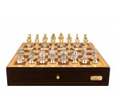 Dal Rossi Italy, Medieval Warriors Metal Chessmen 85mm on a Shiny Walnut Chess Box with two Drawers 18"