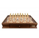 Dal Rossi Medieval Warriors Metal Chessmen 85mm on a Walnut Inlaid Chess Box with Drawers 20"