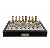 Dal Rossi Italy European Warriors Chessmen 85mm on a Black PU Leather Bevelled Edge chess box with compartments 18"