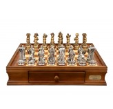 Dal Rossi Italy European Warriors Chessmen 85mm on a Walnut Chess Box with Drawers 16"