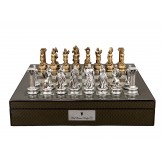 Dal Rossi Italy European Warriors Chessmen 85mm on a Carbon Fibre Finish Shiny Chess Box with Compartments 16"