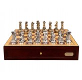 Dal Rossi Italy European Warriors Chessmen 85mm on a Shiny Mahogany Chess Box with two Drawers 18"