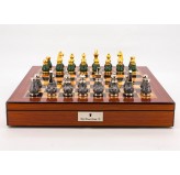 Dal Rossi Italy Chess Set Walnut Shinny Finish 20″ With Compartments, With Gray and Green Gold and Silver Metal Tops and Bottoms Chess Pieces 90mm