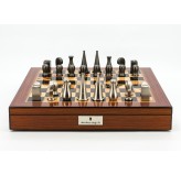 Dal Rossi Italy Chess Set Walnut Finish 20″ With Compartments, With Metal Dark Titanium and Silver 90mm Chessmen