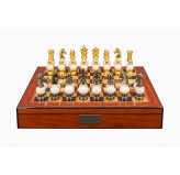 Dal Rossi Italy White Stone and Gold Chessmen 100mm Chess Set on Walnut Shiny Finish Chess Box 20” with compartments