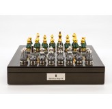 Dal Rossi Italy Chess Set Carbon Fibre Finish 16″ With Compartments, With Gray and Green Gold and Silver Metal Tops and Bottoms Chess Pieces 90mm