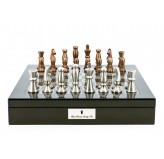 Dal Rossi Italy Chess Set Carbon Fibre Finish 16″ With Compartments, With Copper & Silver Weighted Metal Chess Pieces 85mm pieces