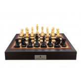 Dal Rossi Italy, Ebony Finish / Boxwood 95mm Wood Double Weighted on a Brown PU Leather Bevelled Edge chess box with compartments 18"