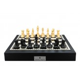 Dal Rossi Italy, Ebony Finish / Boxwood 95mm Wood Double Weighted on a Black PU Leather Bevelled Edge chess box with compartments 18"