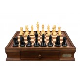 Dal Rossi Ebony Finish / Boxwood 95mm Wood Double Weighted on a Walnut Inlaid Chess Box with Drawers 16"