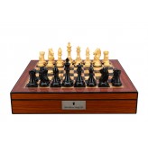 Dal Rossi Italy, Ebony Finish / Boxwood 95mm Wood Double Weighted on a Walnut Finish Shiny Chess Box with Compartments 16"
