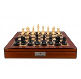 Dal Rossi Italy, Ebony Finish / Boxwood 95mm Wood Double Weighted on a Walnut Finish Shiny Chess Box with Compartments 20"