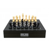 Dal Rossi Italy, Ebony Finish / Boxwood 95mm Wood Double Weighted on a Carbon Fibre Finish Shiny Chess Box with Compartments 16"
